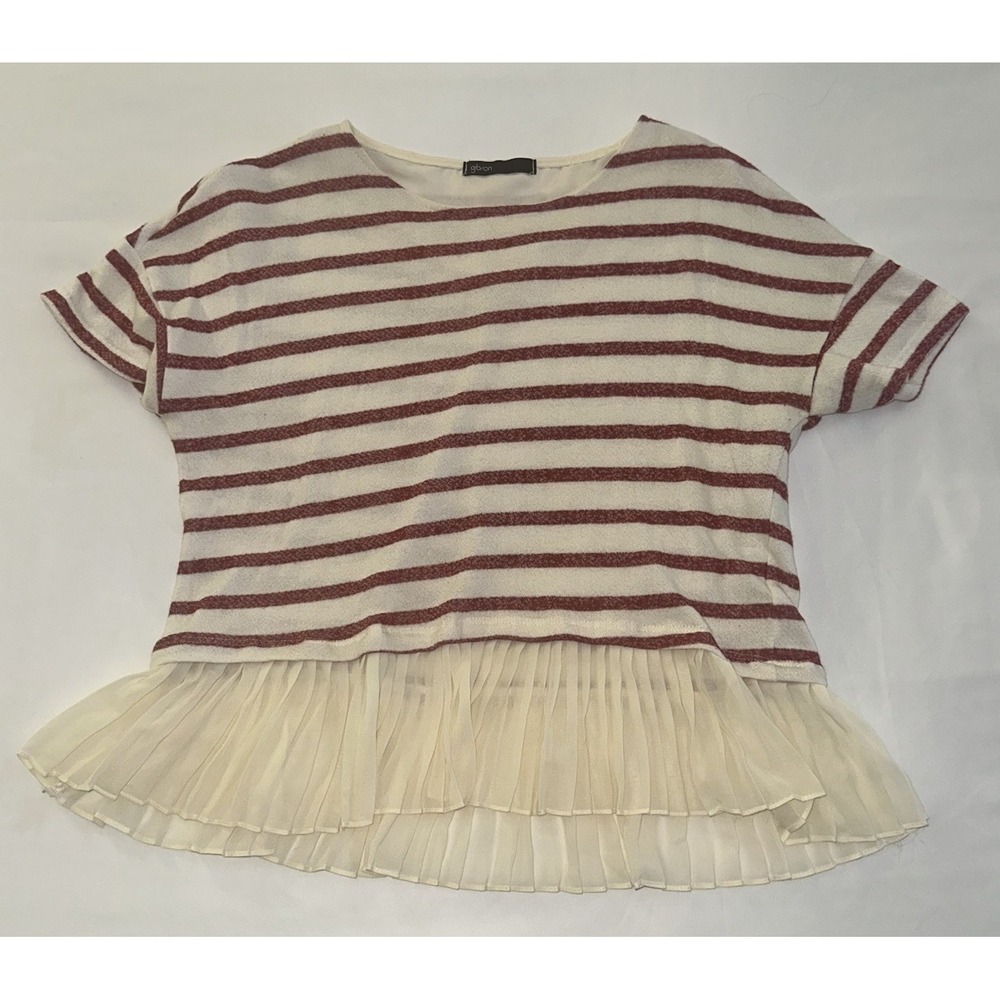 Gibson Striped Loose Fitting‎ Tee with Accordion Pleats Hem Petite Medium